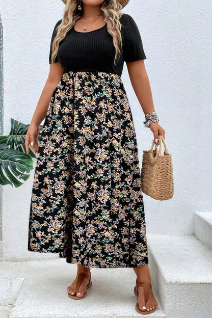 Plus Floral Print Elastic Fit High Waist Dress - ZumBuys