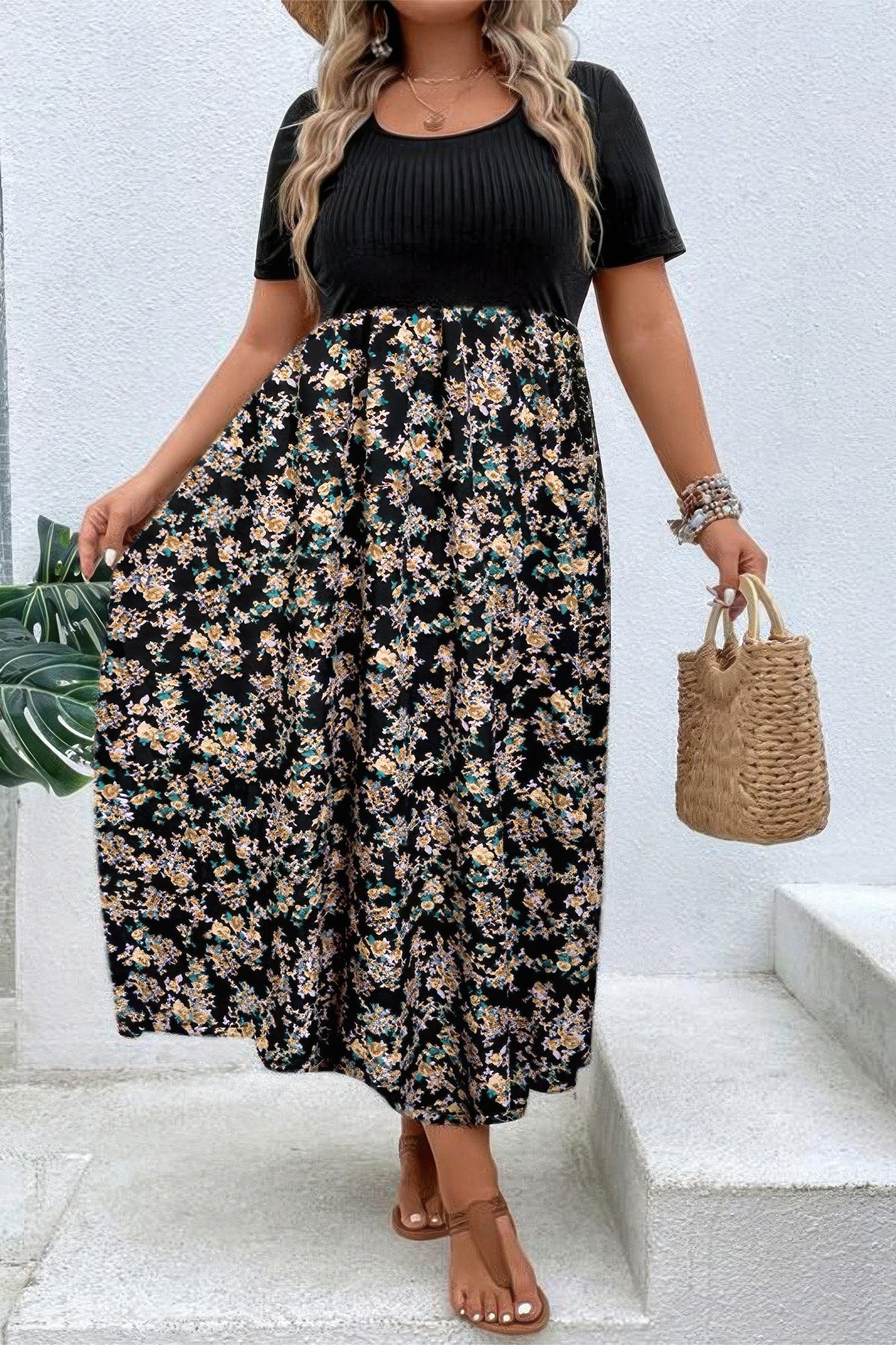 Plus Floral Print Elastic Fit High Waist Dress - ZumBuys