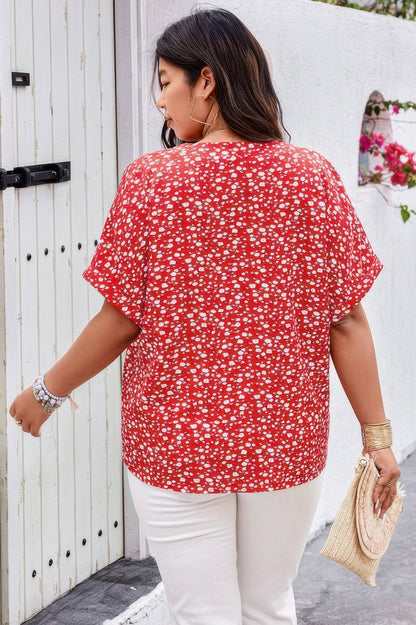 Plus Floral Print V Neck Short Sleeve Loose Blouse - ZumBuys