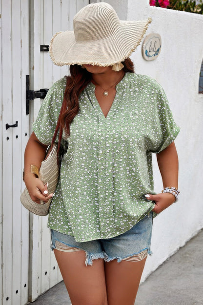 Plus Floral Print V Neck Short Sleeve Loose Blouse - ZumBuys