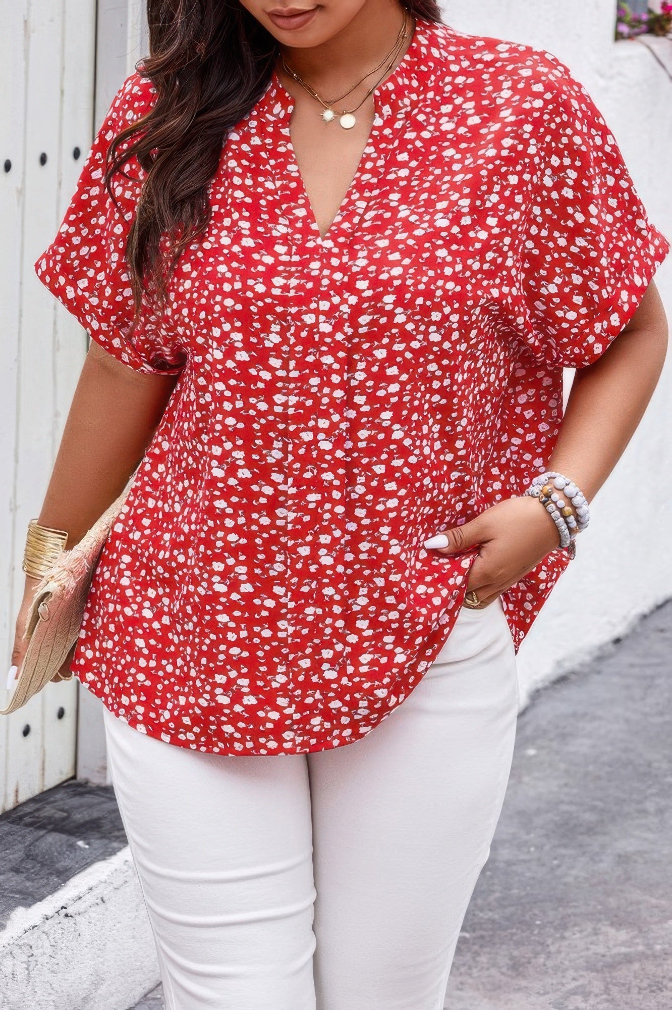 Plus Floral Print V Neck Short Sleeve Loose Blouse - ZumBuys