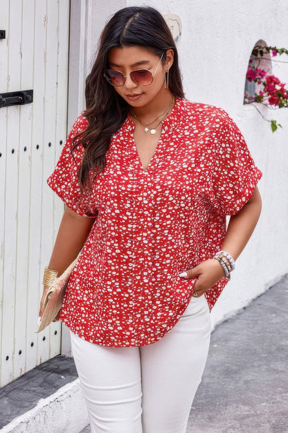 Plus Floral Print V Neck Short Sleeve Loose Blouse - ZumBuys