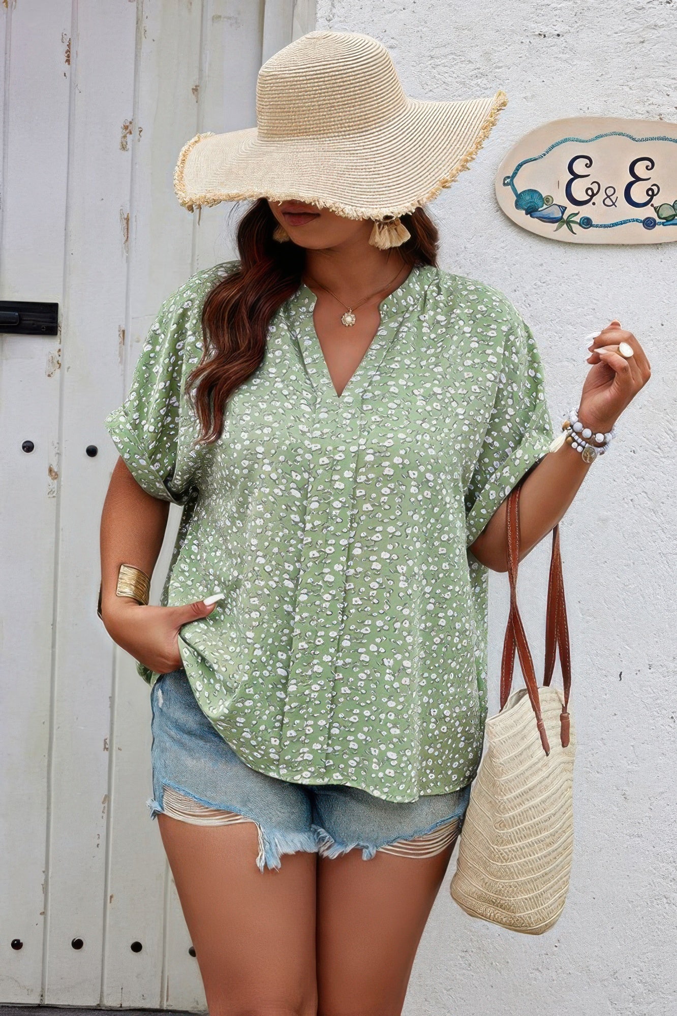 Plus Floral Print V Neck Short Sleeve Loose Blouse - ZumBuys