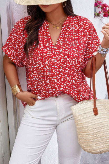 Plus Floral Print V Neck Short Sleeve Loose Blouse - ZumBuys
