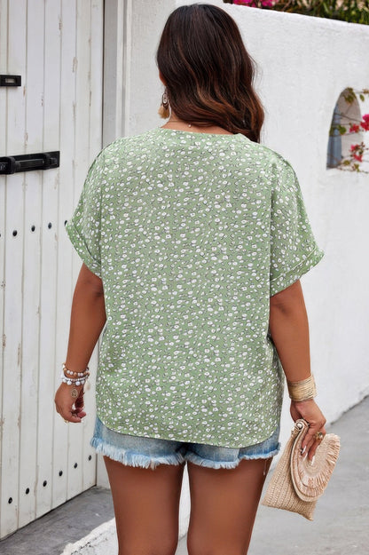 Plus Floral Print V Neck Short Sleeve Loose Blouse - ZumBuys
