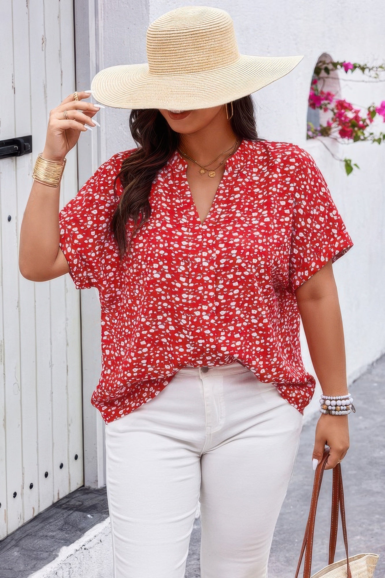 Plus Floral Print V Neck Short Sleeve Loose Blouse - ZumBuys