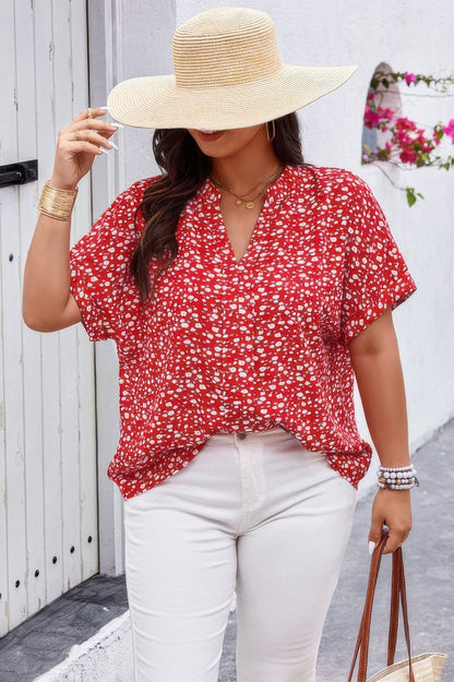 Plus Floral Print V Neck Short Sleeve Loose Blouse - ZumBuys
