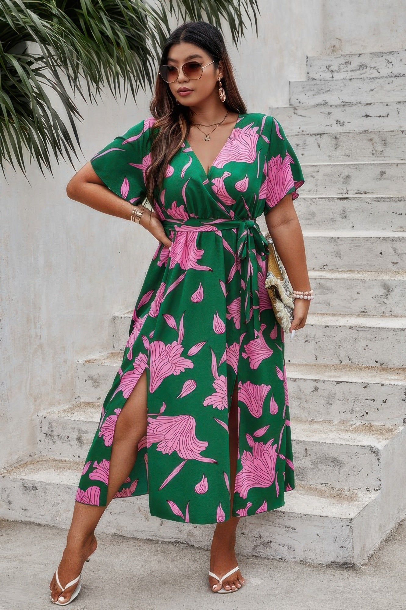 Plus Floral Short Sleeve Split Belted Midi Dress - ZumBuys