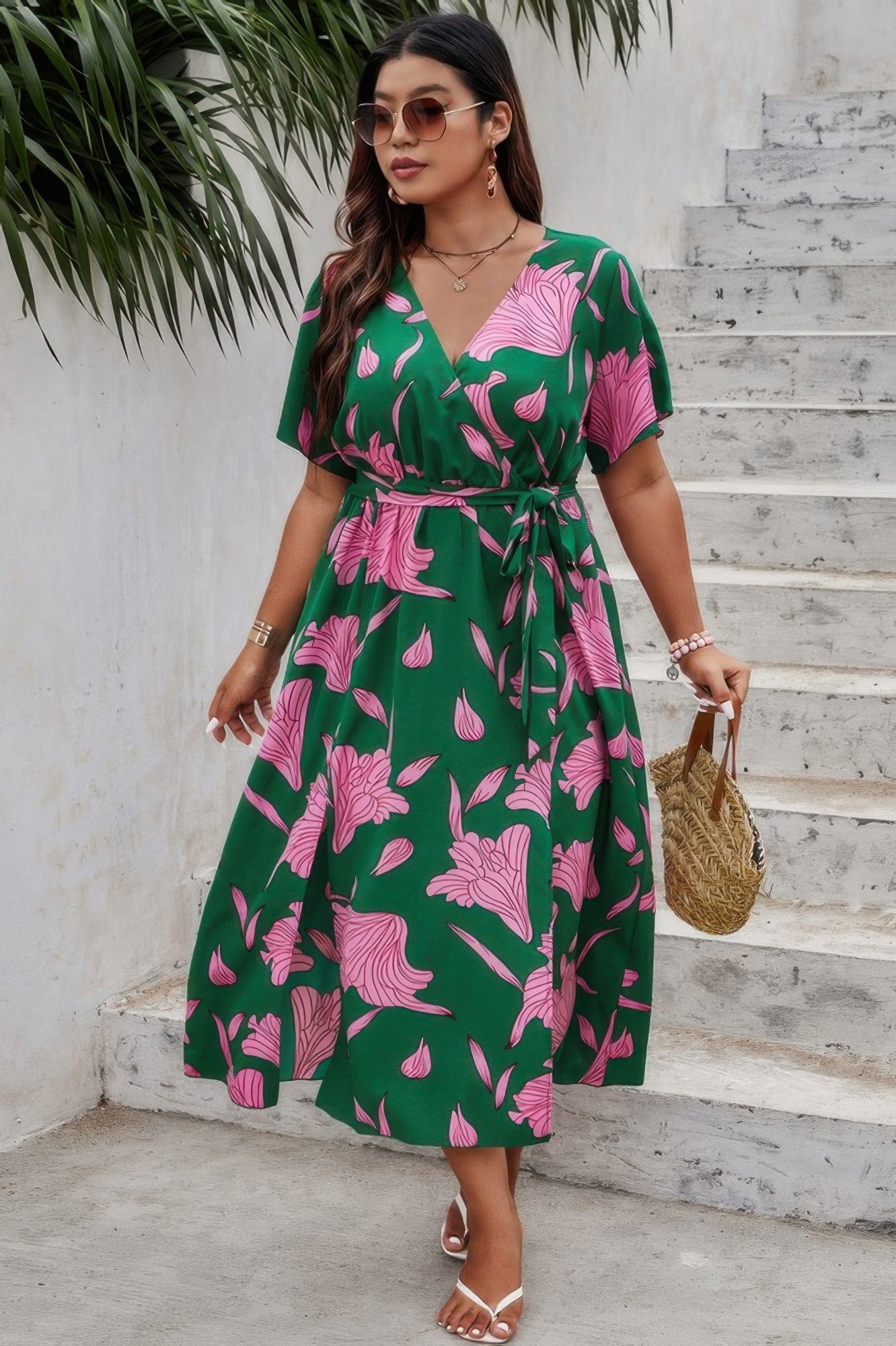 Plus Floral Short Sleeve Split Belted Midi Dress - ZumBuys