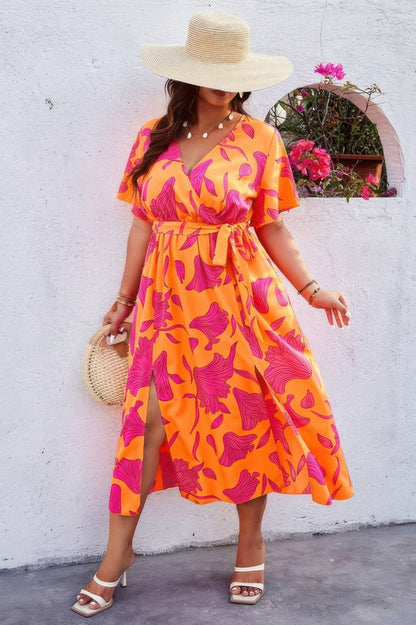 Plus Floral Short Sleeve Split Belted Midi Dress - ZumBuys