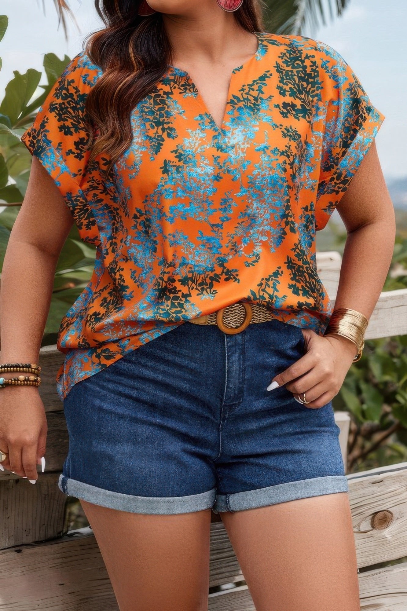 Plus Floral V Neck Batwing Sleeve Loose Shirt - ZumBuys