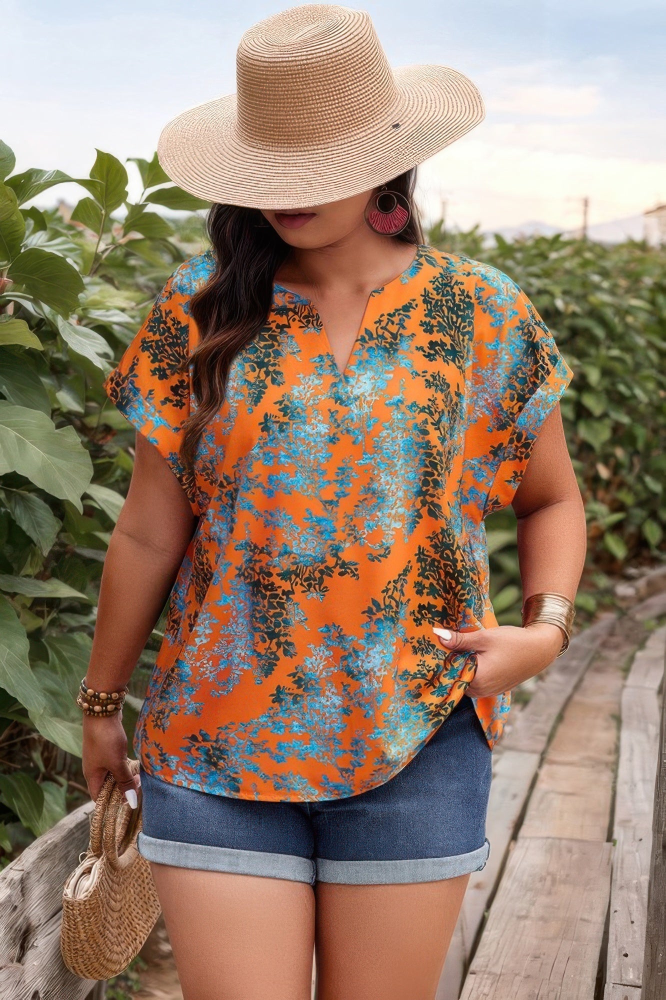 Plus Floral V Neck Batwing Sleeve Loose Shirt - ZumBuys