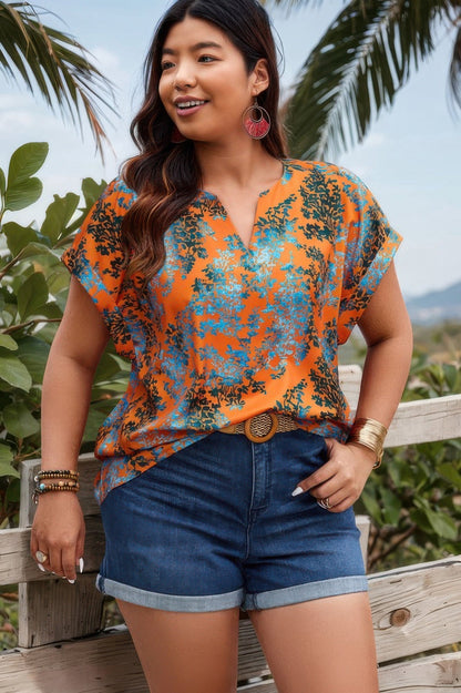 Plus Floral V Neck Batwing Sleeve Loose Shirt - ZumBuys