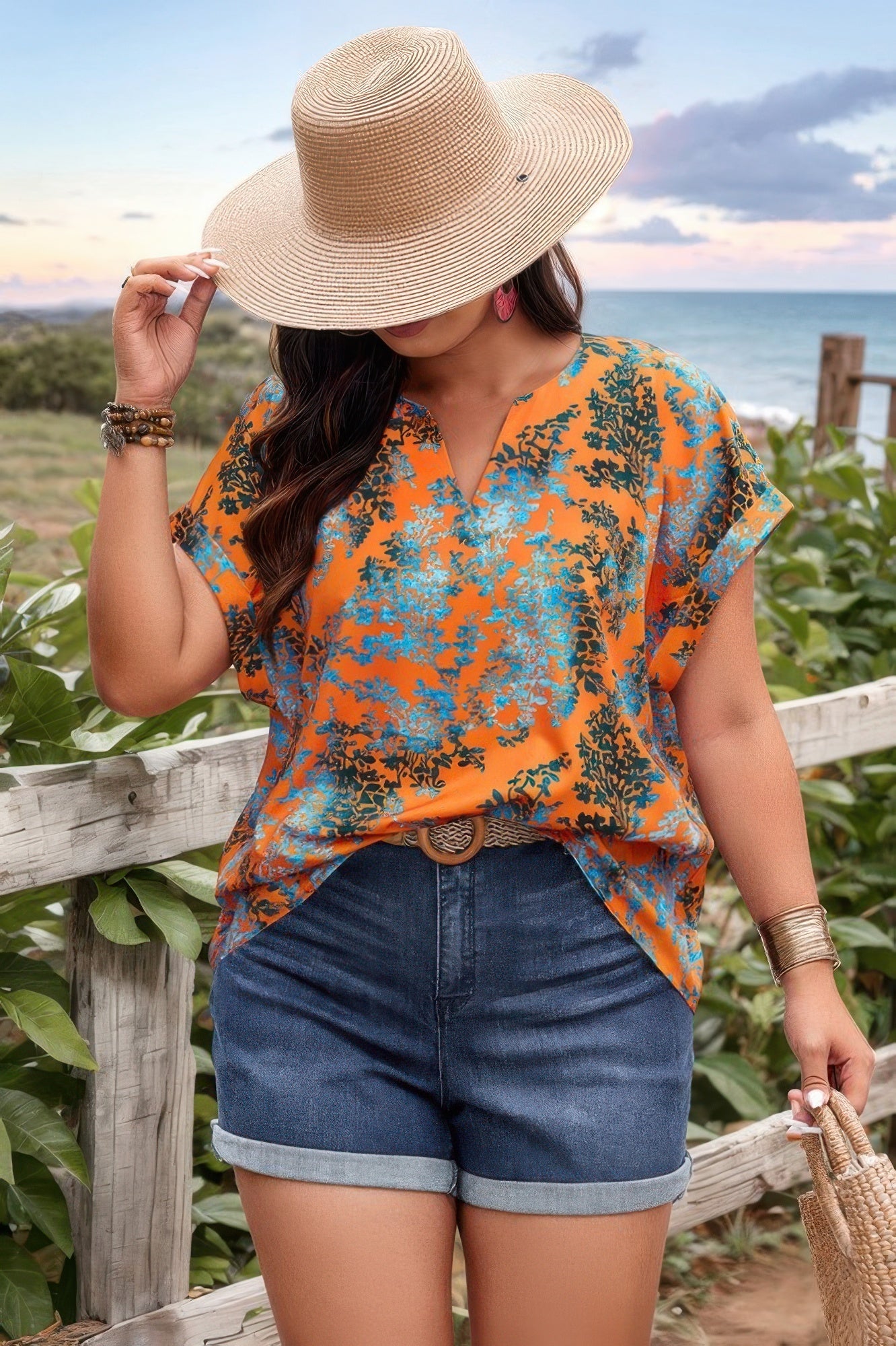 Plus Floral V Neck Batwing Sleeve Loose Shirt - ZumBuys