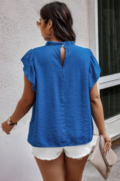 Plus Hollow Out Frill Collar Cap Sleeves Shirt - ZumBuys