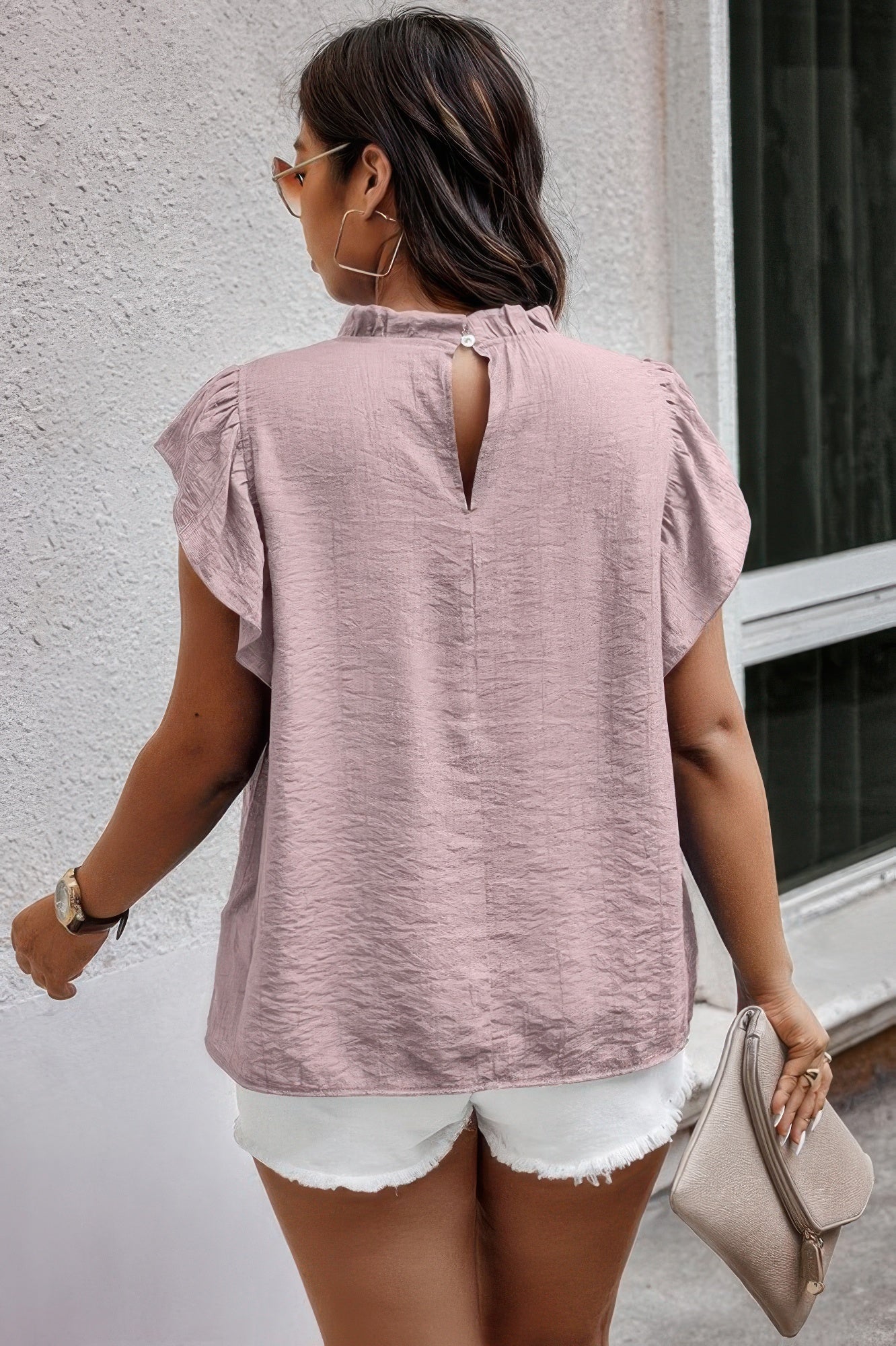 Plus Hollow Out Frill Collar Cap Sleeves Shirt - ZumBuys