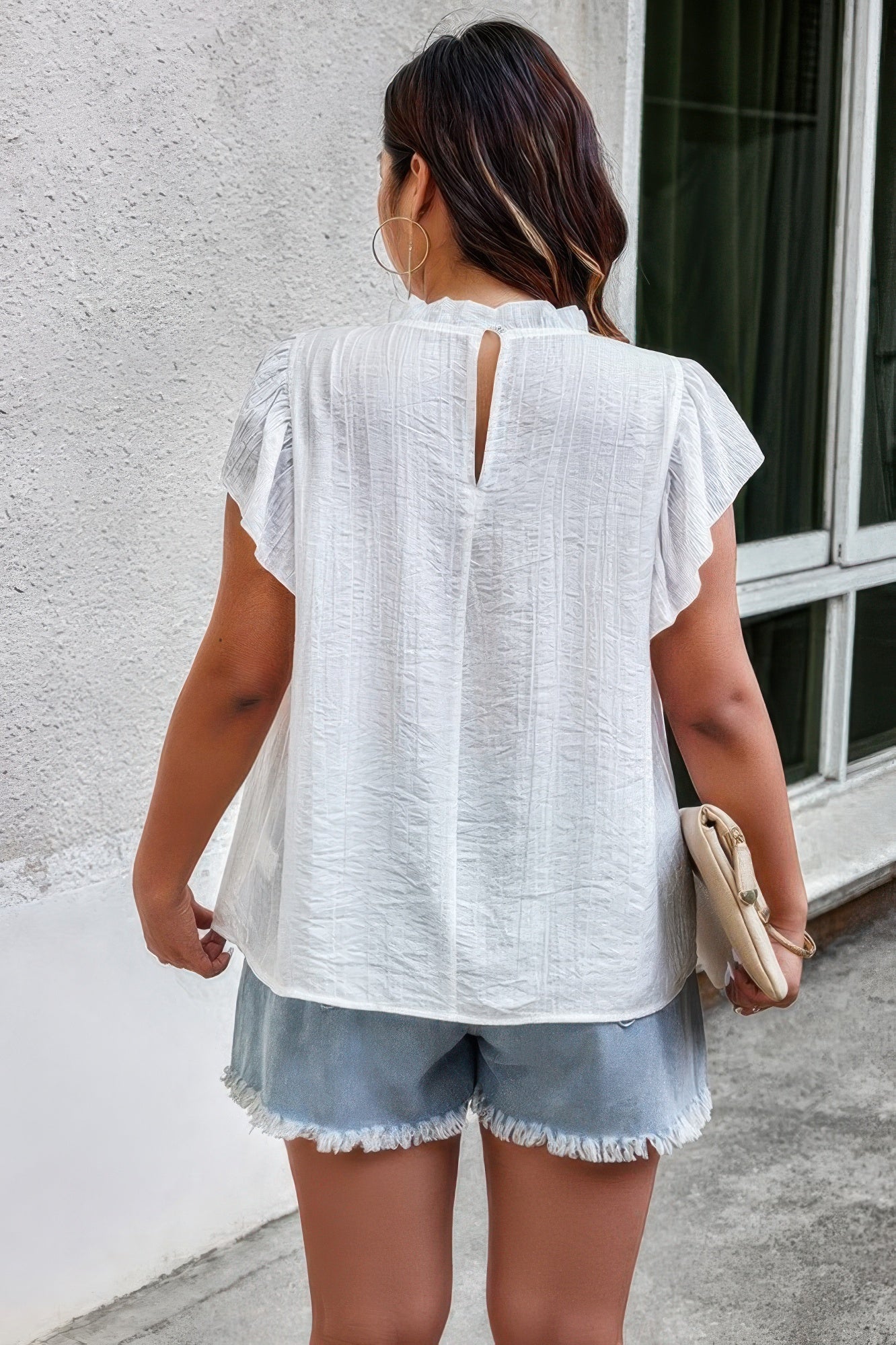 Plus Hollow Out Frill Collar Cap Sleeves Shirt - ZumBuys