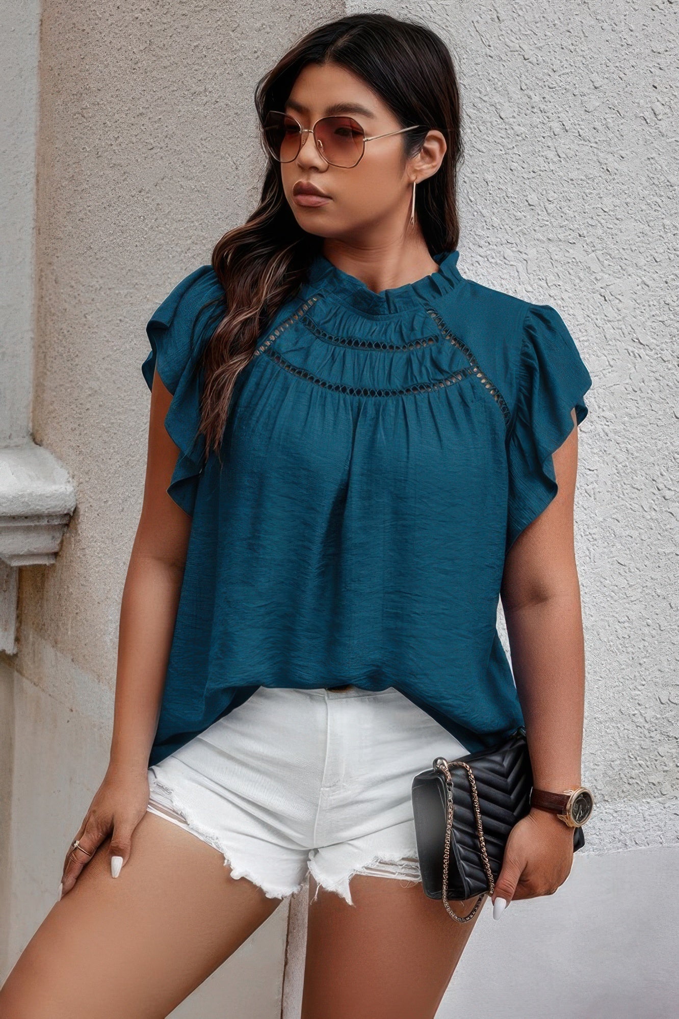 Plus Hollow Out Frill Collar Cap Sleeves Shirt - ZumBuys