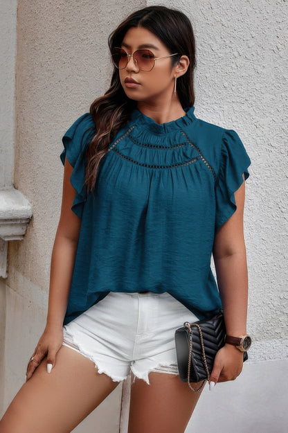 Plus Hollow Out Frill Collar Cap Sleeves Shirt - ZumBuys