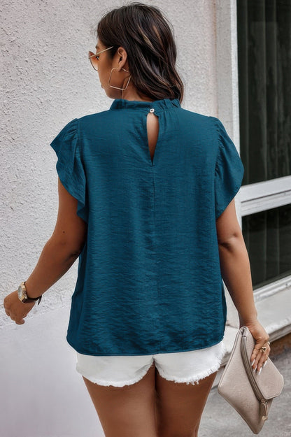 Plus Hollow Out Frill Collar Cap Sleeves Shirt - ZumBuys