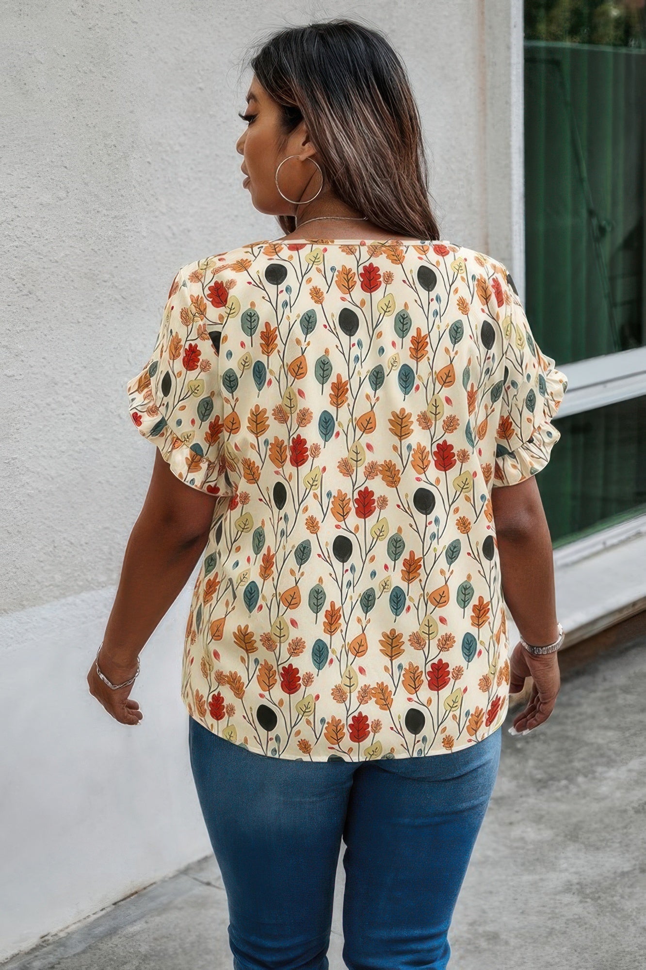 Plus Round Neck Floral Flounce Sleeve Loose Shirt - ZumBuys
