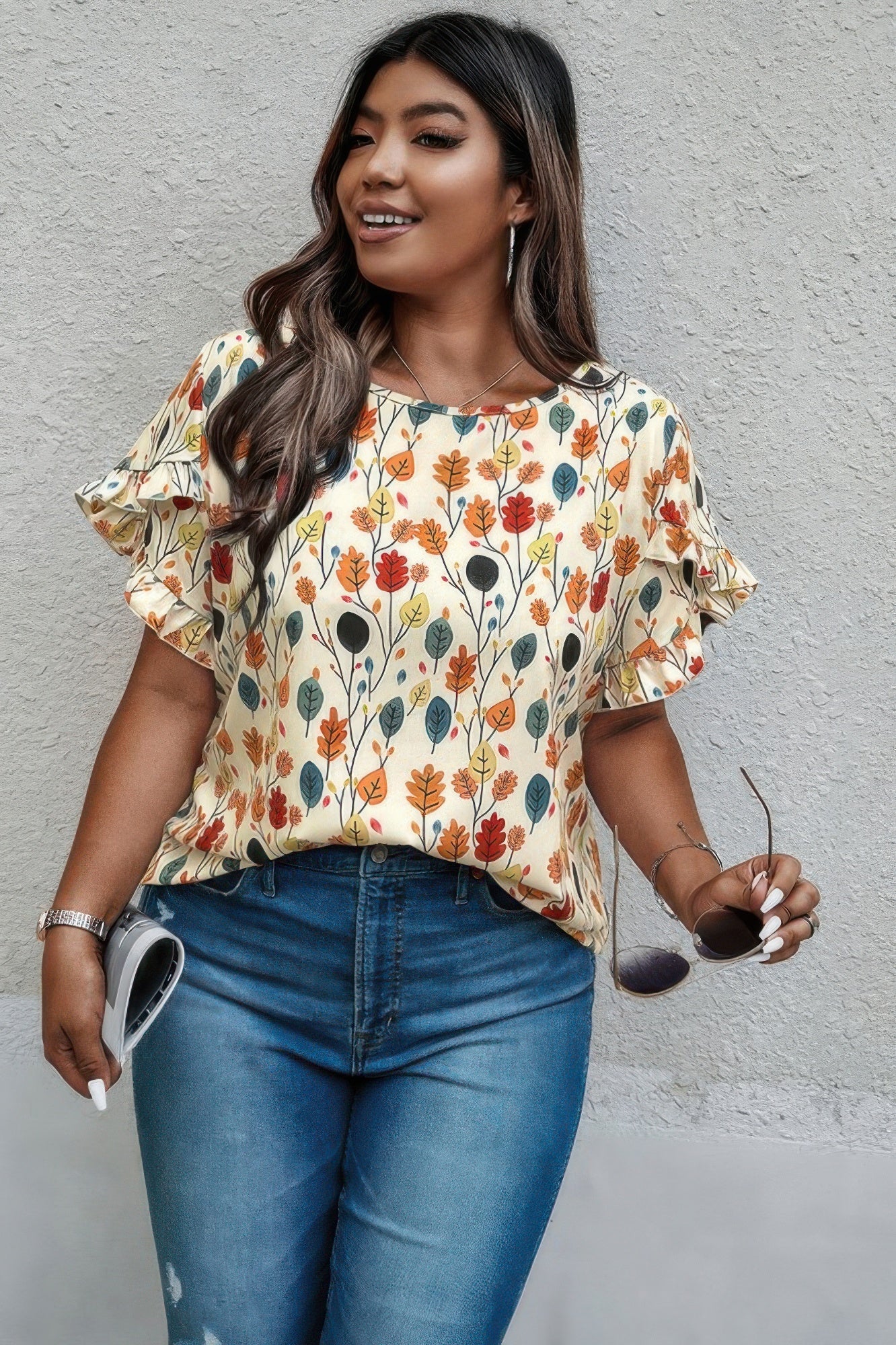 Plus Round Neck Floral Flounce Sleeve Loose Shirt - ZumBuys