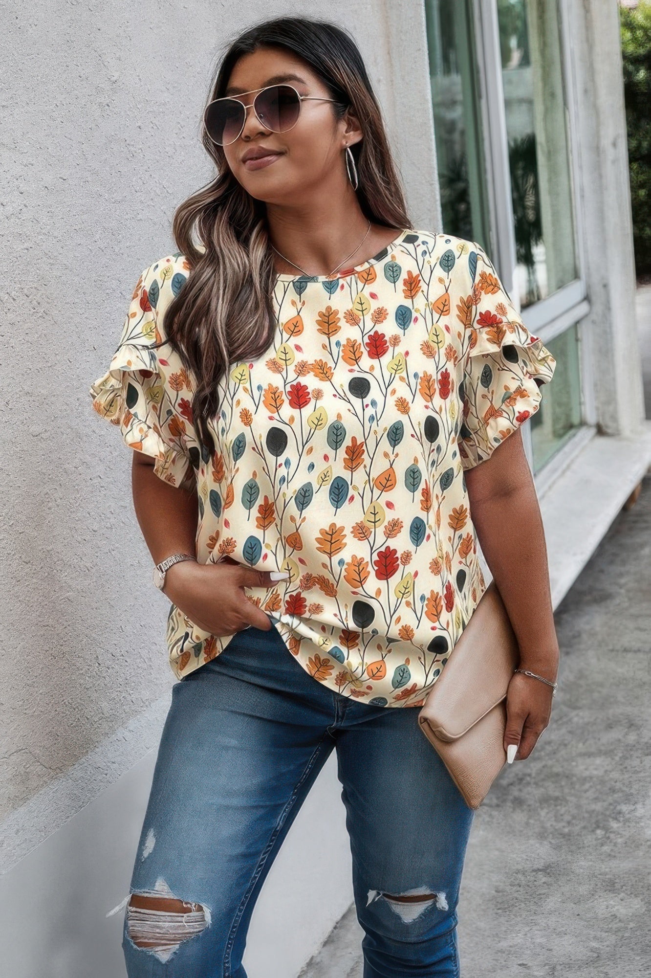 Plus Round Neck Floral Flounce Sleeve Loose Shirt - ZumBuys