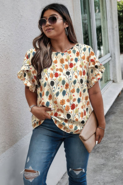 Plus Round Neck Floral Flounce Sleeve Loose Shirt - ZumBuys