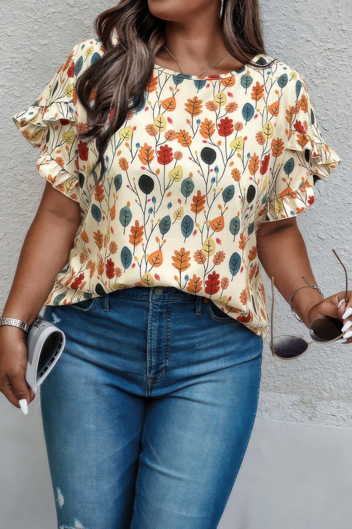 Plus Round Neck Floral Flounce Sleeve Loose Shirt - ZumBuys