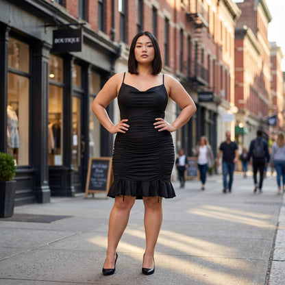 Plus Size Cowl Neck Ruch Ruffle Dress - ZumBuys