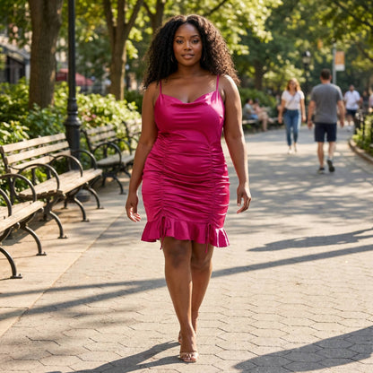 Plus Size Cowl Neck Ruch Ruffle Dress - ZumBuys