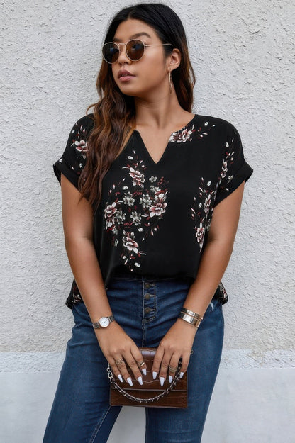 Plus Size Floral Print V Neck Loose Blouse - ZumBuys