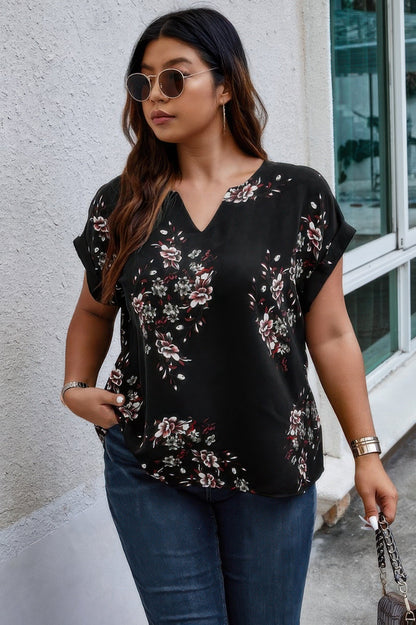 Plus Size Floral Print V Neck Loose Blouse - ZumBuys