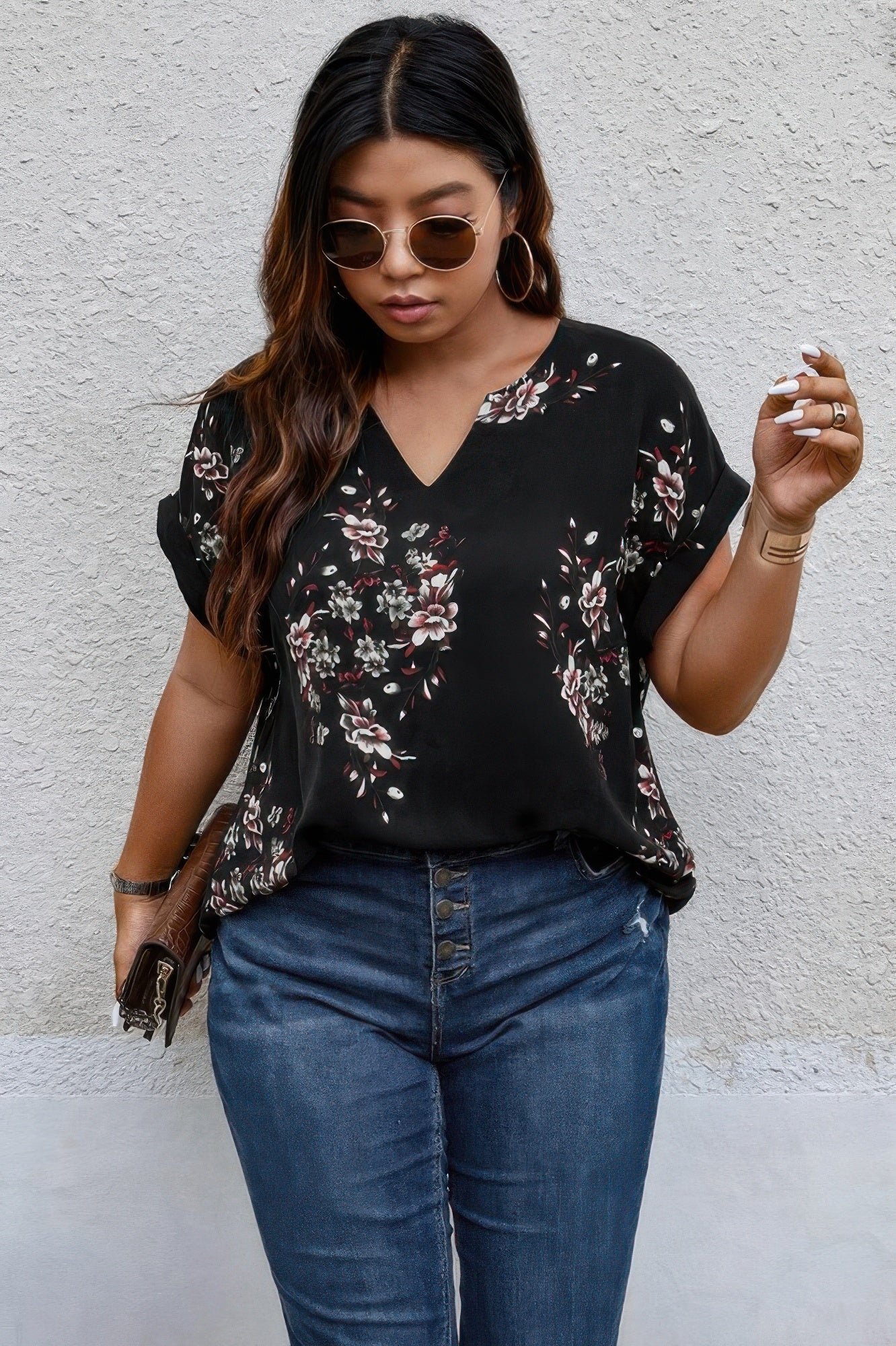 Plus Size Floral Print V Neck Loose Blouse - ZumBuys