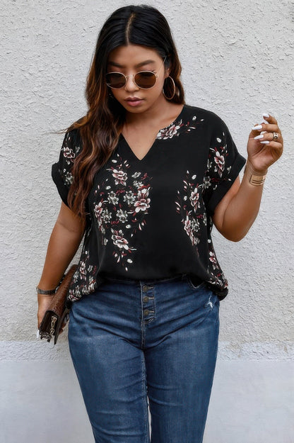 Plus Size Floral Print V Neck Loose Blouse - ZumBuys