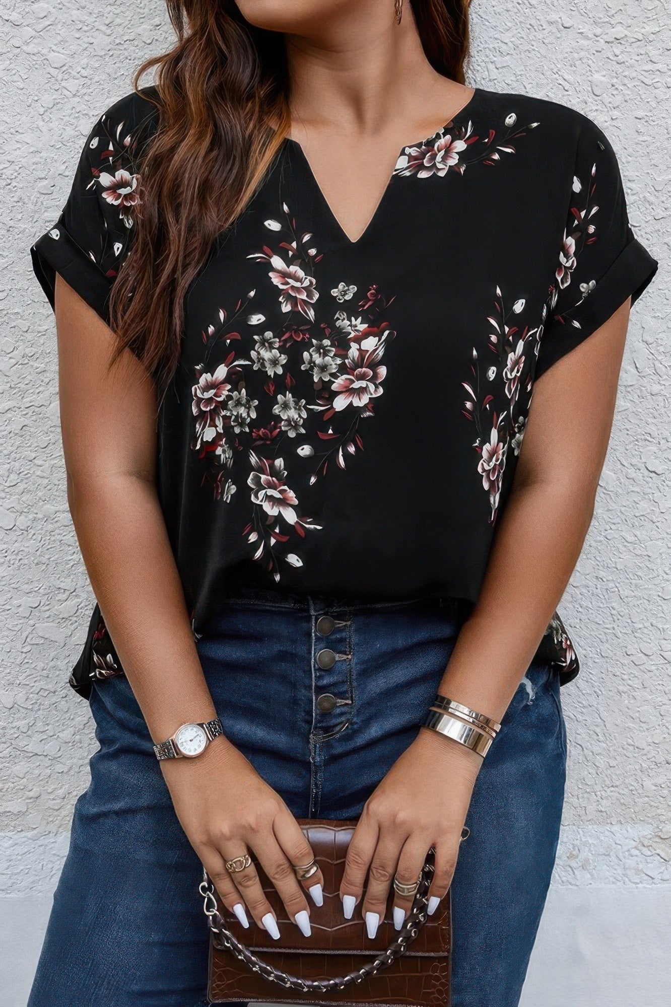 Plus Size Floral Print V Neck Loose Blouse - ZumBuys