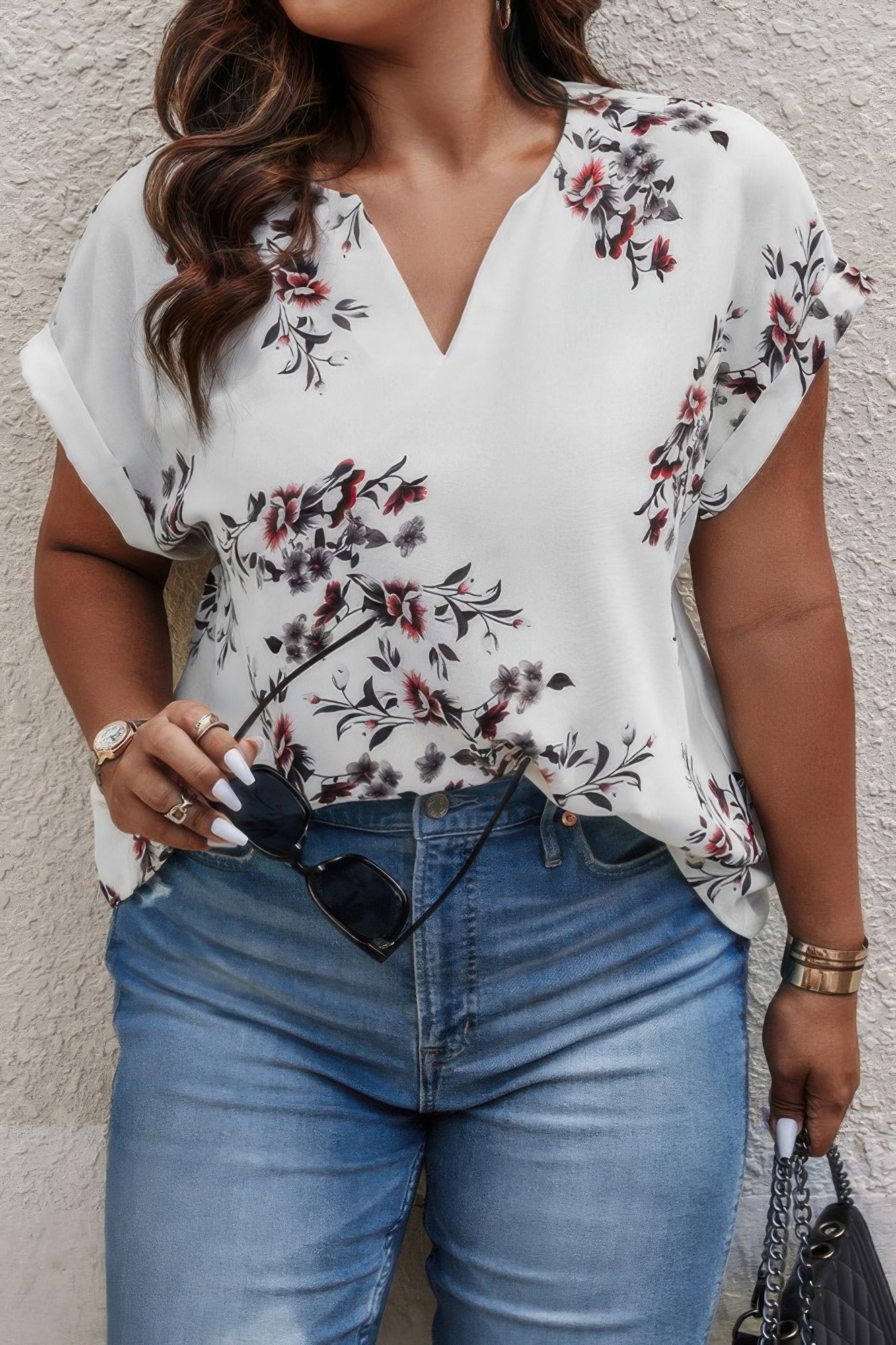 Plus Size Floral Print V Neck Loose Blouse - ZumBuys