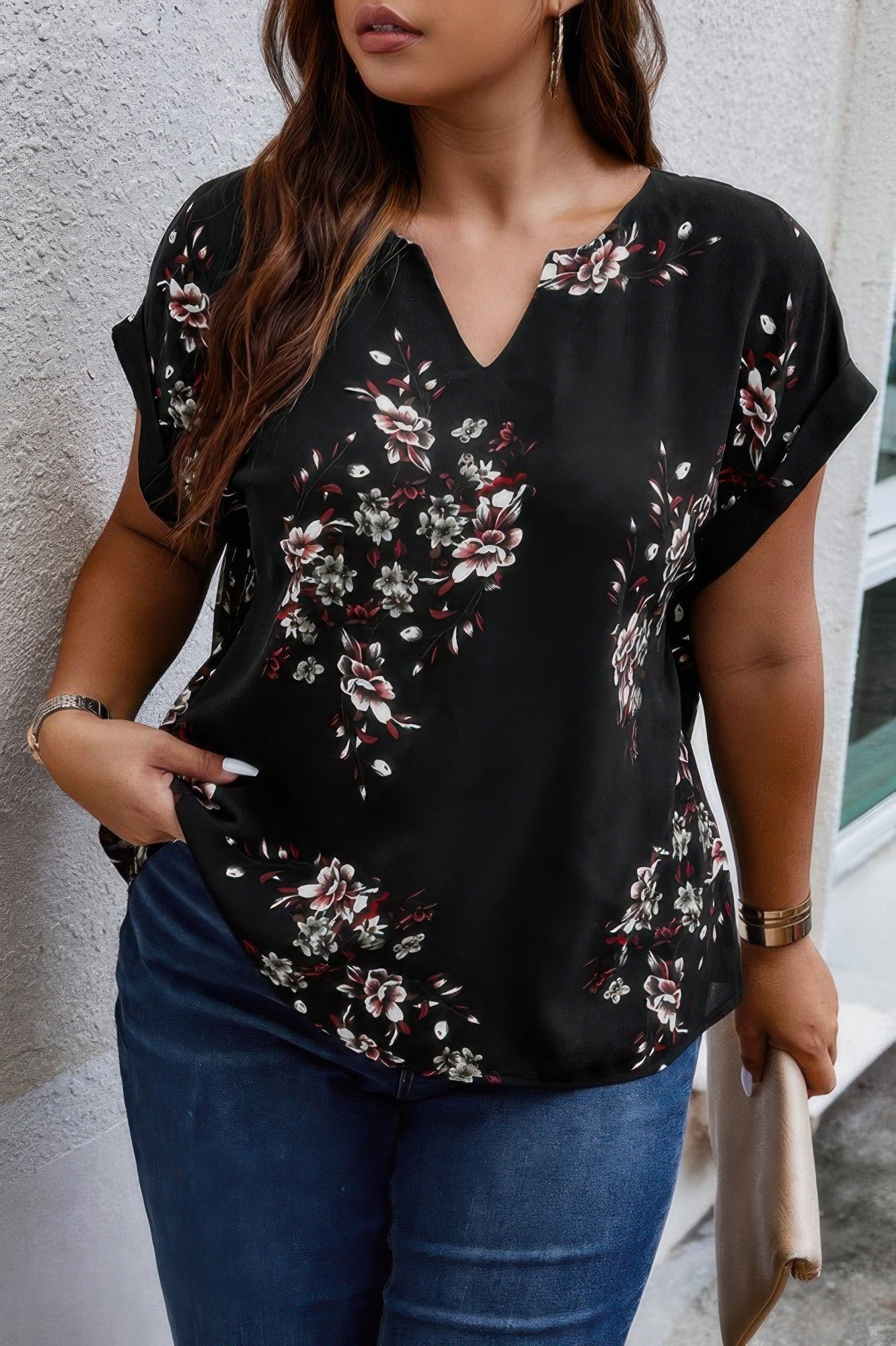 Plus Size Floral Print V Neck Loose Blouse - ZumBuys