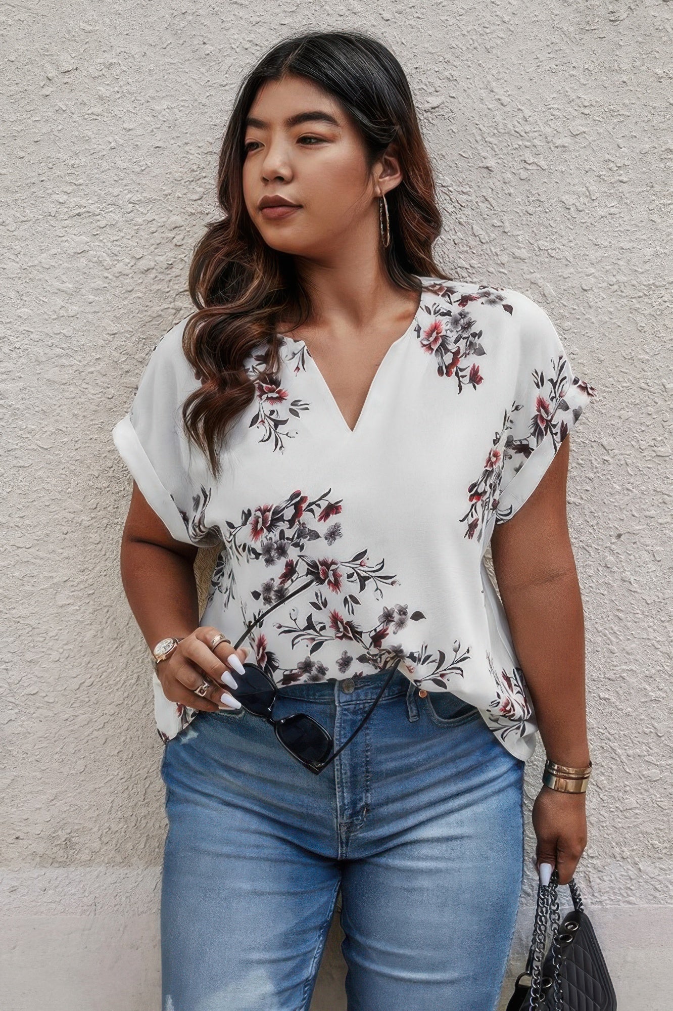 Plus Size Floral Print V Neck Loose Blouse - ZumBuys