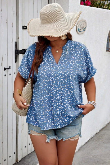 Plus Size Floral Print V Neck Short Sleeve Blouse - ZumBuys