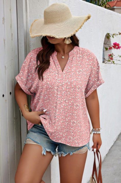 Plus Size Floral Print V Neck Short Sleeve Blouse - ZumBuys