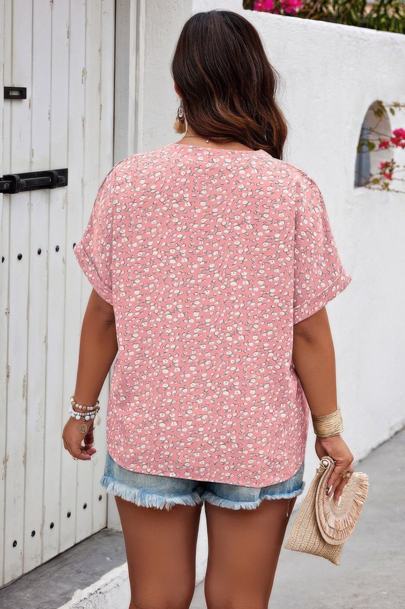 Plus Size Floral Print V Neck Short Sleeve Blouse - ZumBuys
