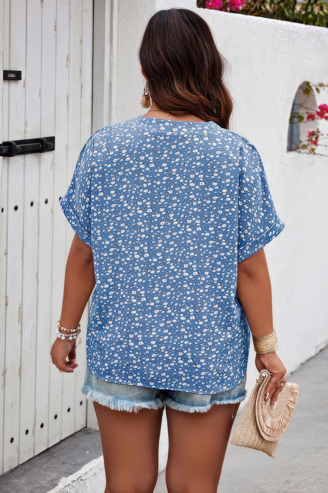 Plus Size Floral Print V Neck Short Sleeve Blouse - ZumBuys