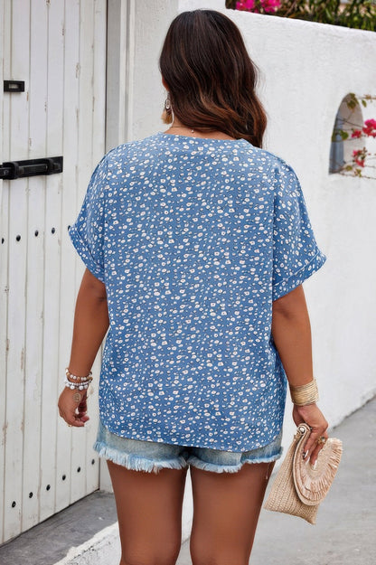 Plus Size Floral Print V Neck Short Sleeve Blouse - ZumBuys