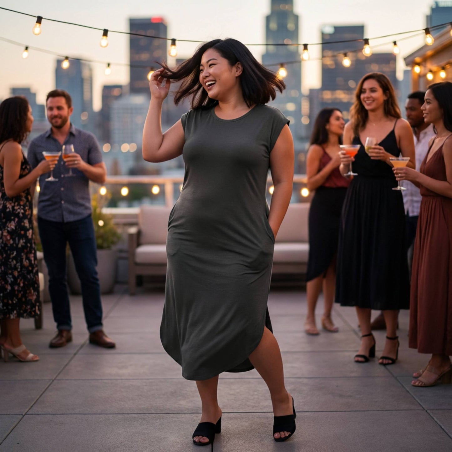 Plus Size Hidden Pocket Batwing Sleeve V Neck Long Dress - ZumBuys