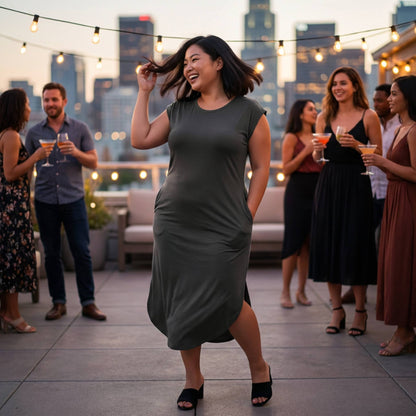 Plus Size Hidden Pocket Batwing Sleeve V Neck Long Dress - ZumBuys