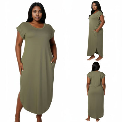 Plus Size Hidden Pocket Batwing Sleeve V Neck Long Dress - ZumBuys