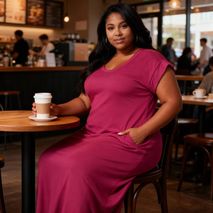 Plus Size Hidden Pocket Batwing Sleeve V Neck Long Dress - ZumBuys