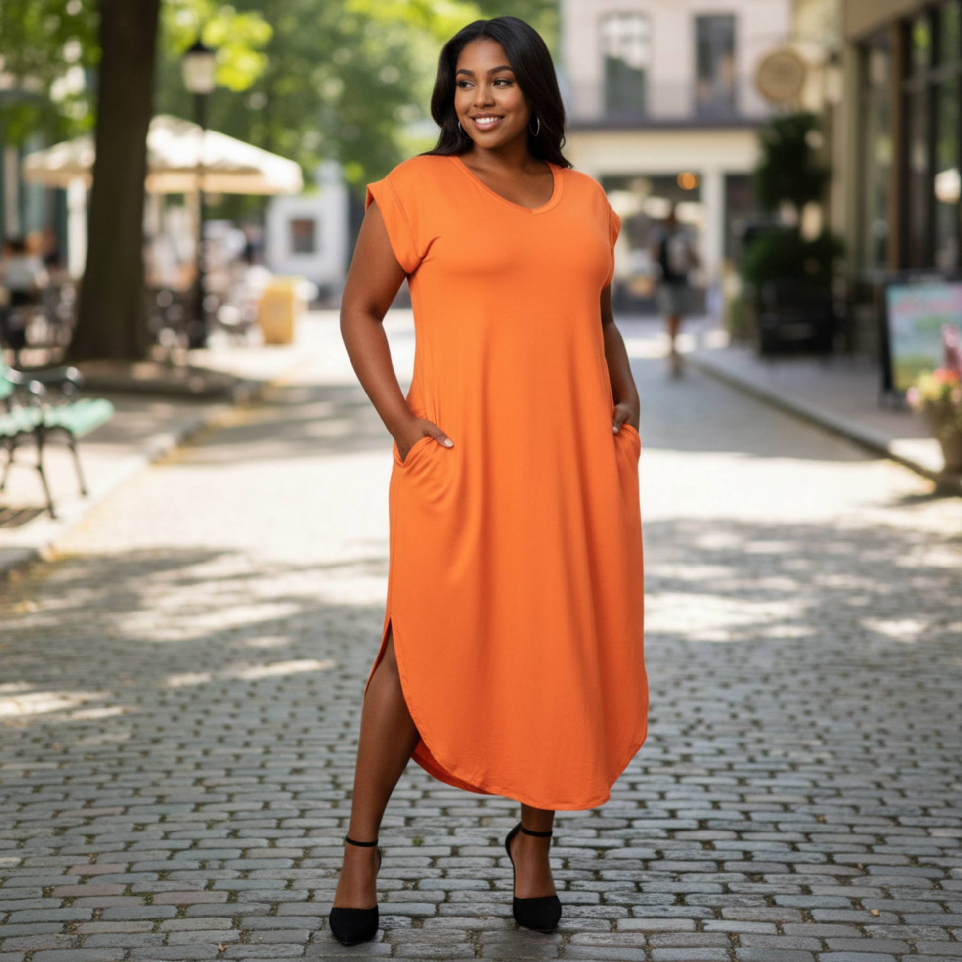 Plus Size Hidden Pocket Batwing Sleeve V Neck Long Dress - ZumBuys