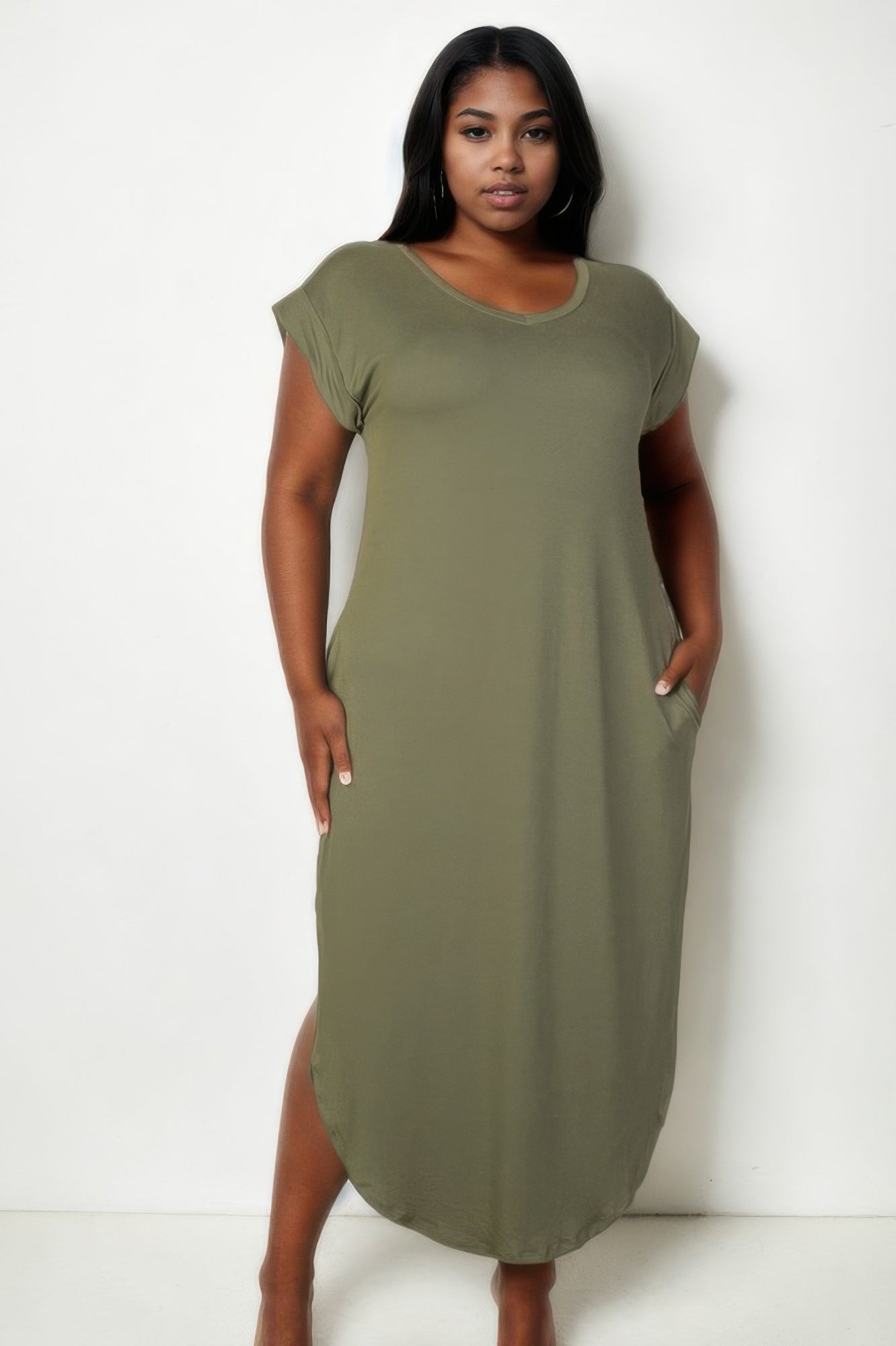 Plus Size Hidden Pocket Batwing Sleeve V Neck Long Dress - ZumBuys